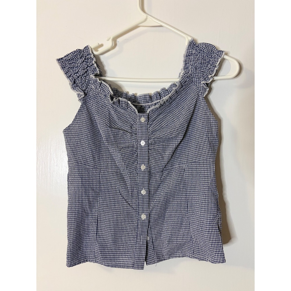 8 Seconds Gingham Ruffle Button Front Blouse Navy White Checkered Top Womens M